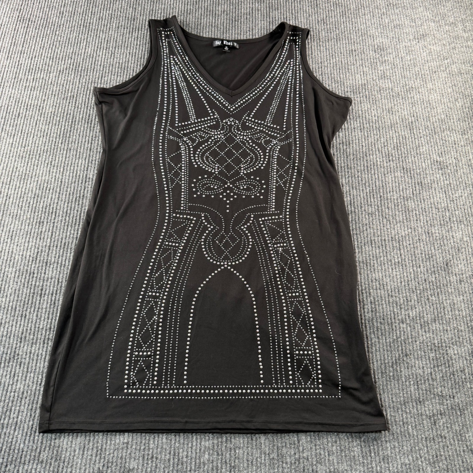 Say What Rhinestone Studded Tunic Tank Dress Women 2x Black Sleeveless V-Neck